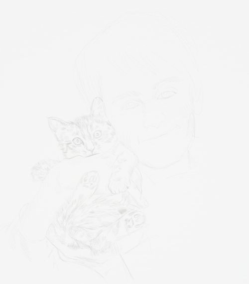 kitten drawing. Boy holding a cat.