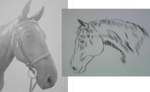 Two Horse Head Drawings in ink and in pencil